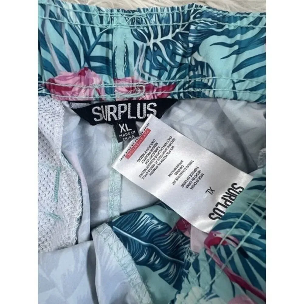 Surplus Men's Size XL Blue & Pink Tropical Flamingo Swim Trunks Board Shorts